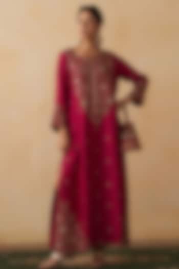 Hot Pink Silk Embroidered Kaftan Dress by Prevasu at Pernia's Pop Up Shop