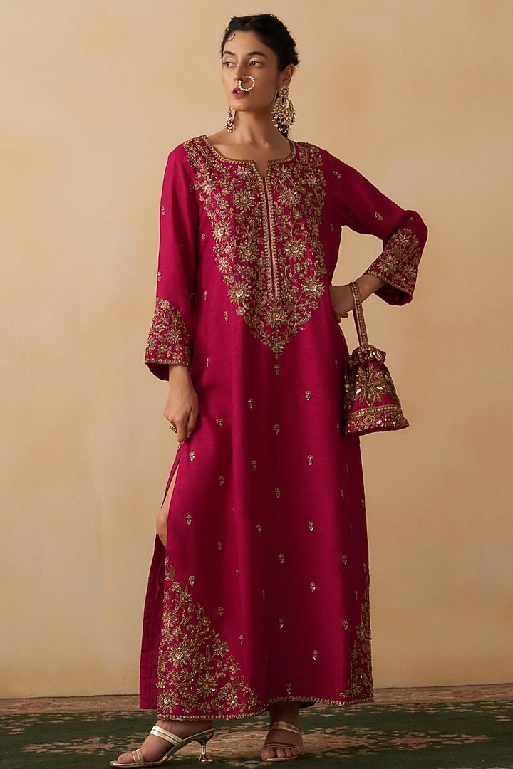 Hot Pink Silk Embroidered Kaftan Dress by Prevasu at Pernia's Pop Up Shop