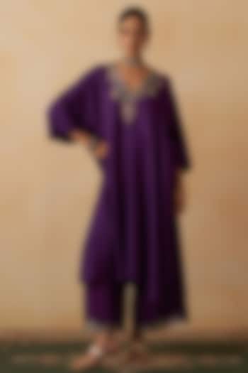 Purple Silk Embroidered Kaftan Set by Prevasu at Pernia's Pop Up Shop