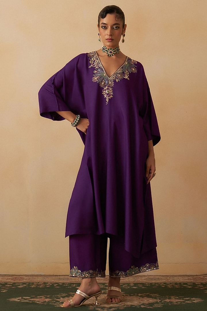 Purple Silk Embroidered Kaftan Set by Prevasu at Pernia's Pop Up Shop