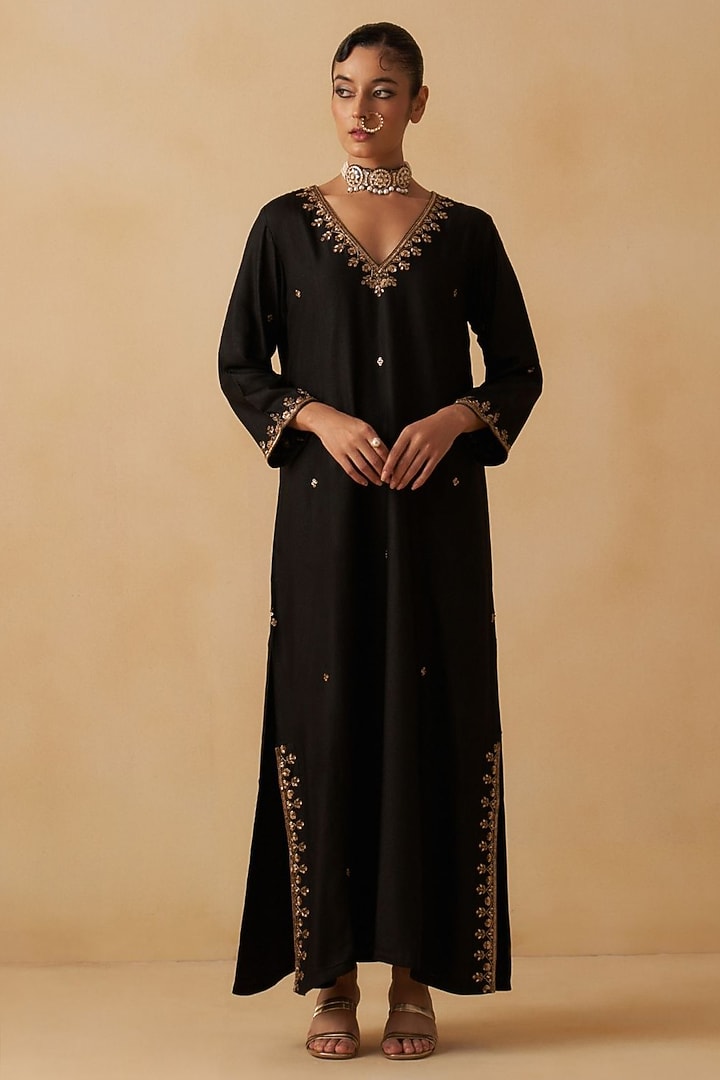 Black Silk Embroidered Kaftan Dress by Prevasu at Pernia's Pop Up Shop