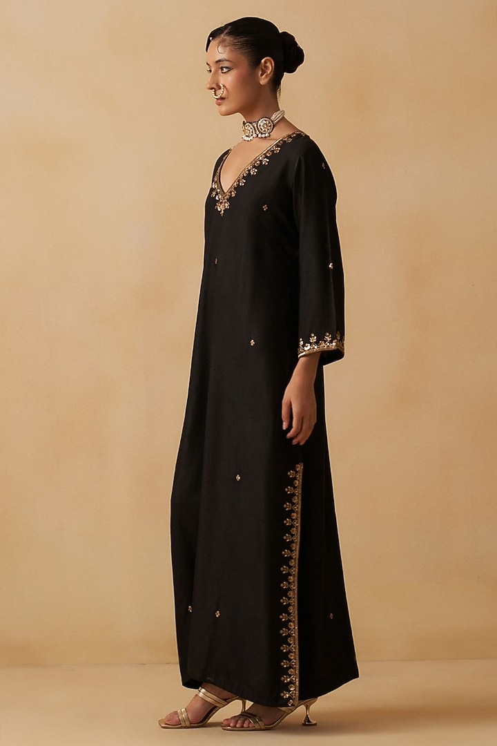 Black Silk Embroidered Kaftan Dress by Prevasu at Pernia's Pop Up Shop