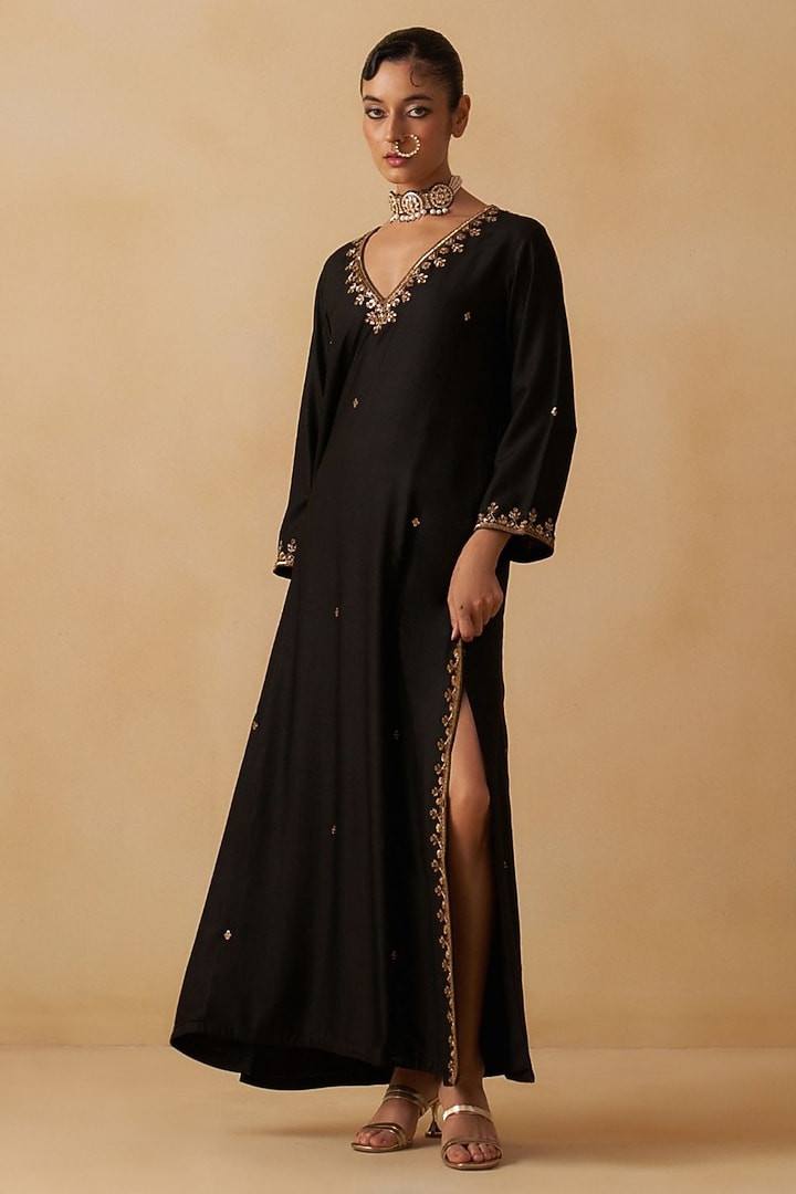 Black Silk Embroidered Kaftan Dress by Prevasu at Pernia's Pop Up Shop