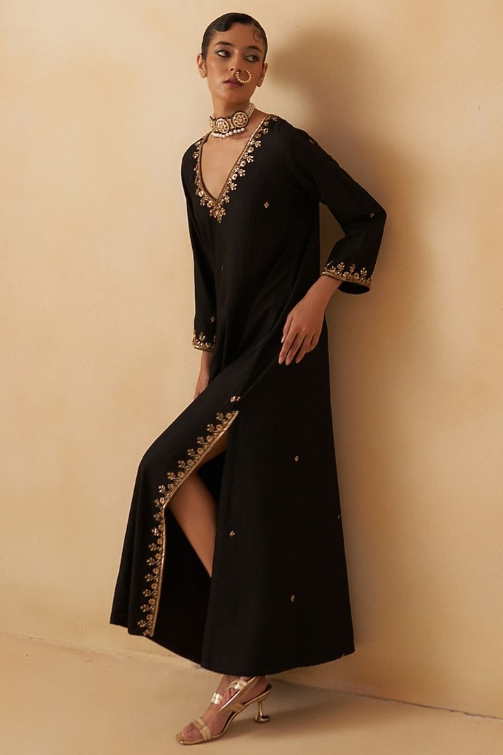 Black Silk Embroidered Kaftan Dress by Prevasu at Pernia's Pop Up Shop