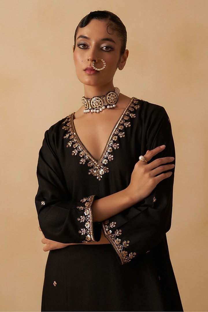 Black Silk Embroidered Kaftan Dress by Prevasu at Pernia's Pop Up Shop