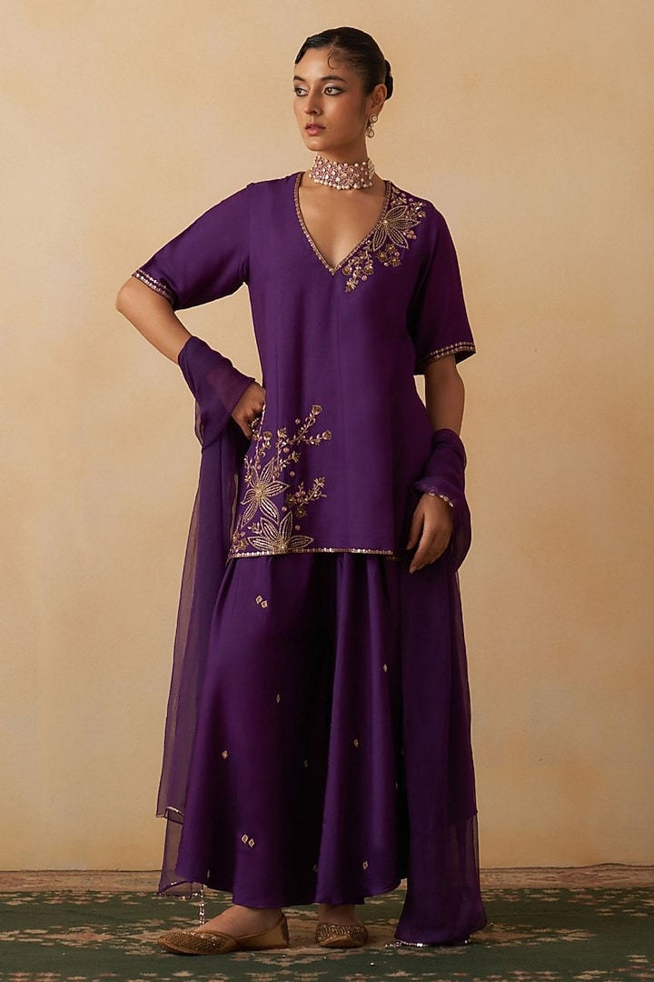 Purple Blended Tussar Sequins Embroidered Short Kurta Set by Prevasu at Pernia's Pop Up Shop