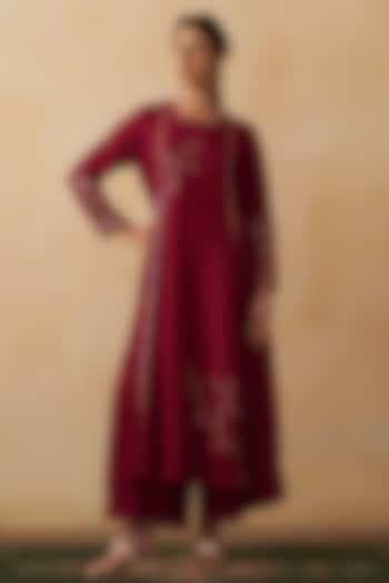 Maroon Silk Embroidered A-Line Wedding Anarkali Set by Prevasu at Pernia's Pop Up Shop