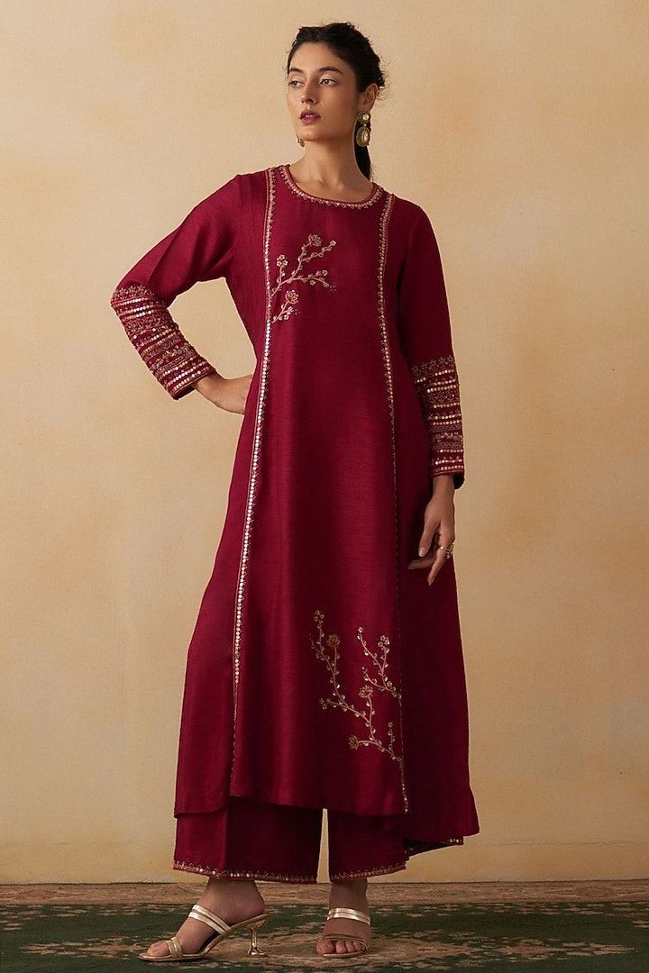 Maroon Silk Embroidered A-Line Wedding Anarkali Set by Prevasu at Pernia's Pop Up Shop