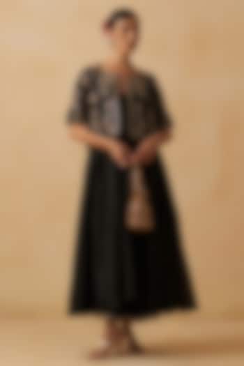 Black Chanderi Floral Embroidered Jacket Wedding Anarkali Set by Prevasu at Pernia's Pop Up Shop