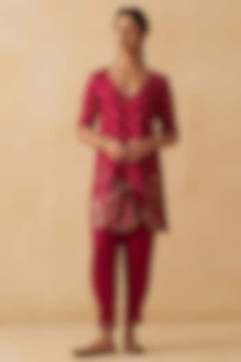 Hot Pink Silk Zardosi Embroidered Short Kurta Set by Prevasu at Pernia's Pop Up Shop