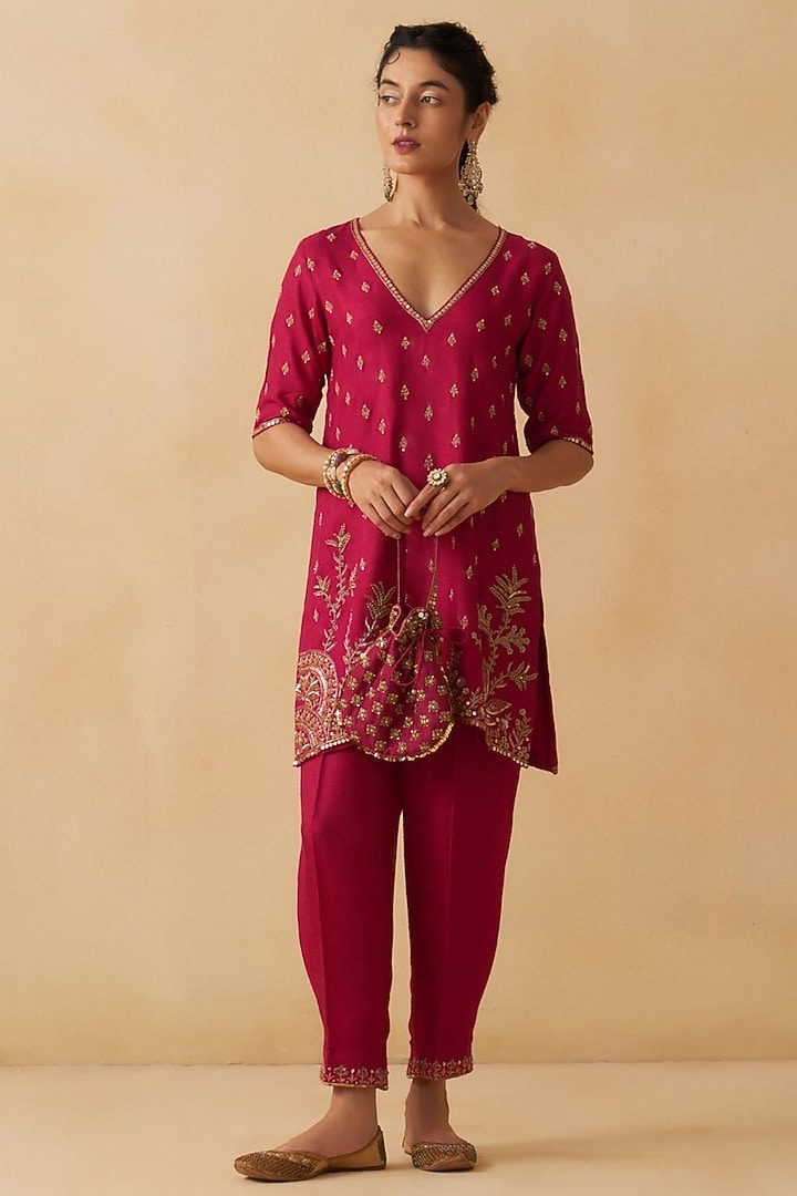 Hot Pink Silk Zardosi Embroidered Short Kurta Set by Prevasu at Pernia's Pop Up Shop