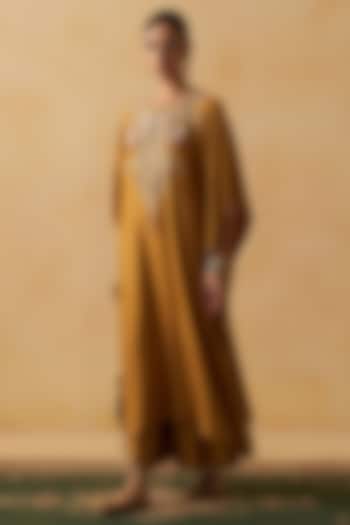 Mustard Blended Tussar Embroidered Kaftan Set by Prevasu at Pernia's Pop Up Shop