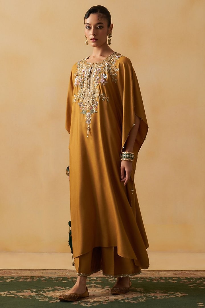 Mustard Blended Tussar Embroidered Kaftan Set by Prevasu at Pernia's Pop Up Shop