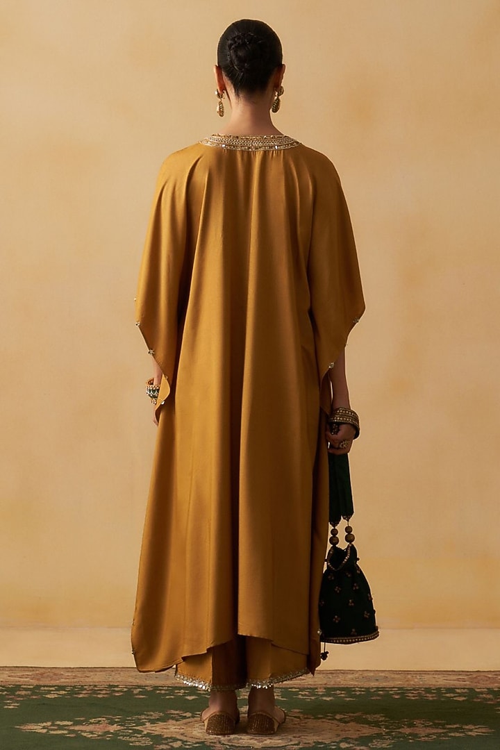 Mustard Blended Tussar Embroidered Kaftan Set by Prevasu at Pernia's Pop Up Shop