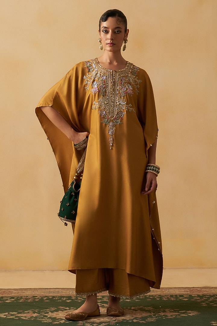 Mustard Blended Tussar Embroidered Kaftan Set by Prevasu at Pernia's Pop Up Shop