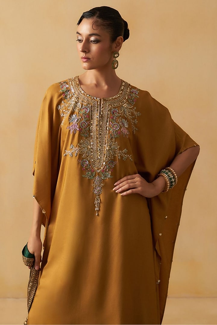 Mustard Blended Tussar Embroidered Kaftan Set by Prevasu at Pernia's Pop Up Shop