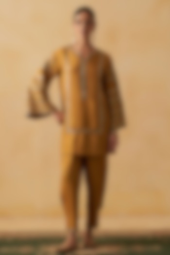 Mustard Blended Tussar Sequins Embroidered Kurta Set by Prevasu at Pernia's Pop Up Shop