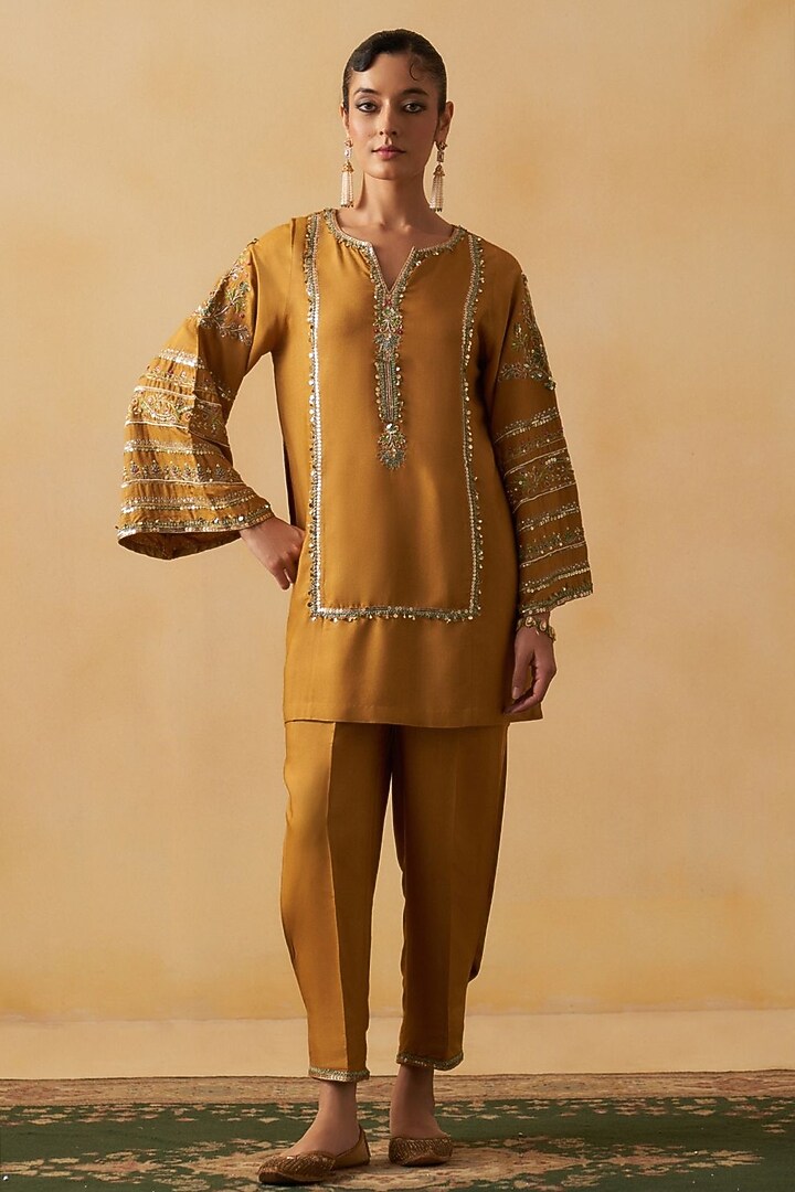 Mustard Blended Tussar Sequins Embroidered Kurta Set by Prevasu at Pernia's Pop Up Shop
