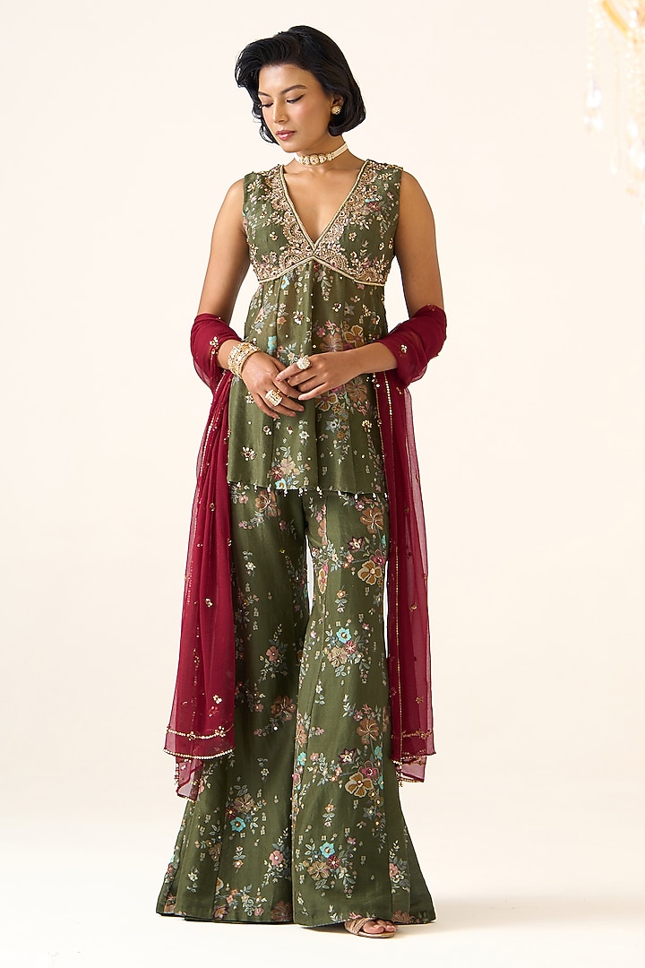Olive Chanderi Printed Wedding Sharara Set by Prevasu at Pernia's Pop Up Shop