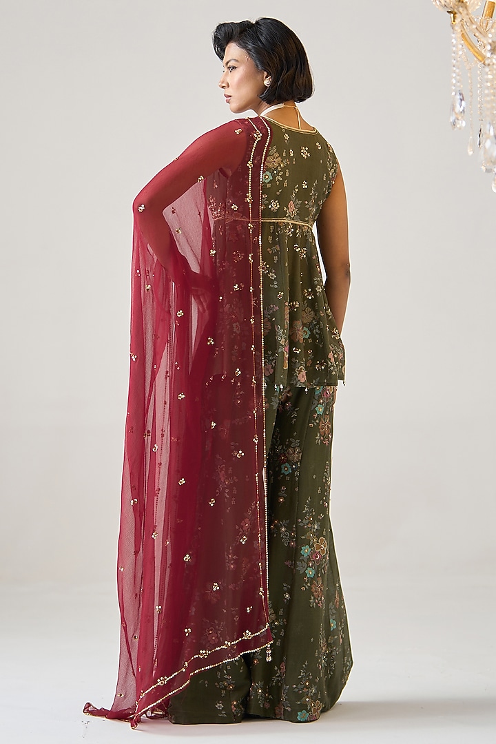 Olive Chanderi Printed Wedding Sharara Set by Prevasu at Pernia's Pop Up Shop