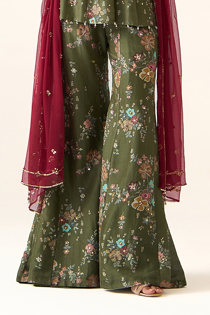 Olive Chanderi Printed Wedding Sharara Set by Prevasu at Pernia's Pop Up Shop