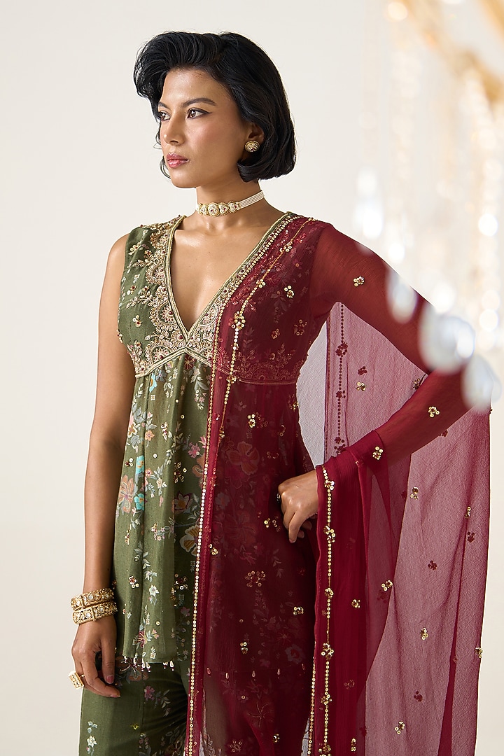 Olive Chanderi Printed Wedding Sharara Set by Prevasu at Pernia's Pop Up Shop