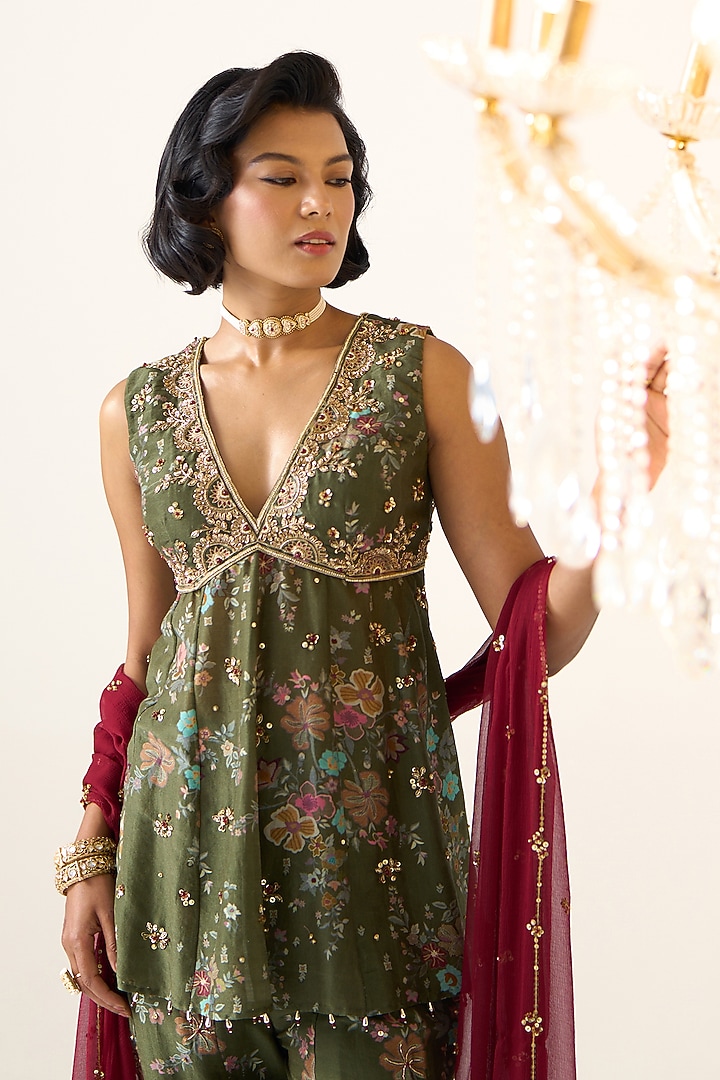 Olive Chanderi Printed Wedding Sharara Set by Prevasu at Pernia's Pop Up Shop