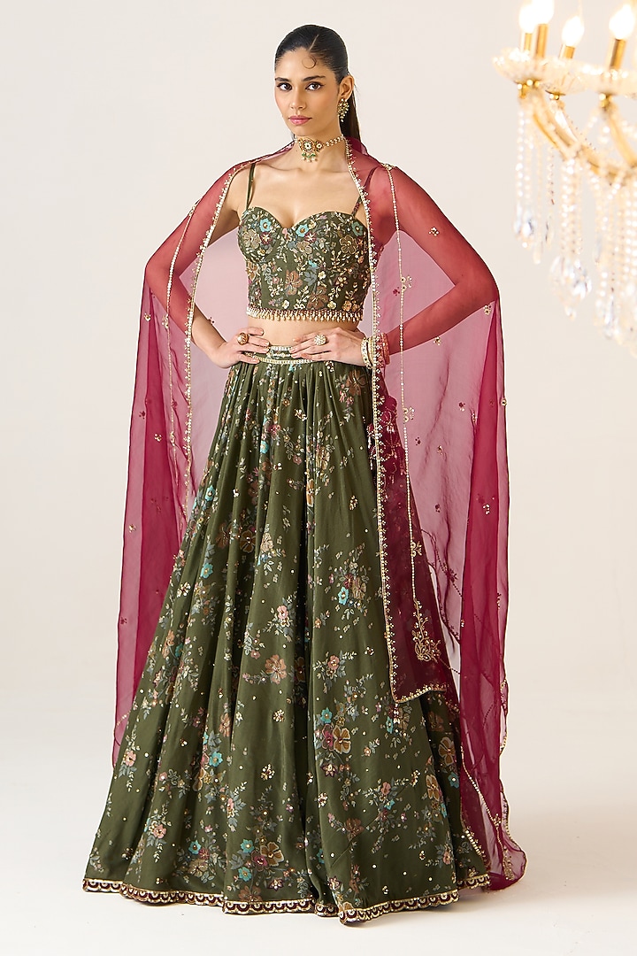 Olive Chanderi Printed Wedding Lehenga Set by Prevasu at Pernia's Pop Up Shop
