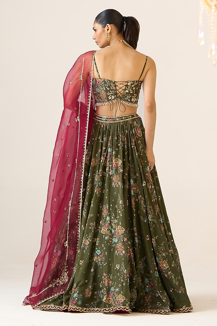 Olive Chanderi Printed Wedding Lehenga Set by Prevasu at Pernia's Pop Up Shop