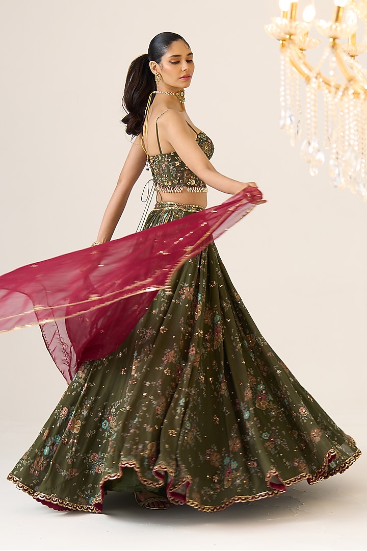 Olive Chanderi Printed Wedding Lehenga Set by Prevasu at Pernia's Pop Up Shop