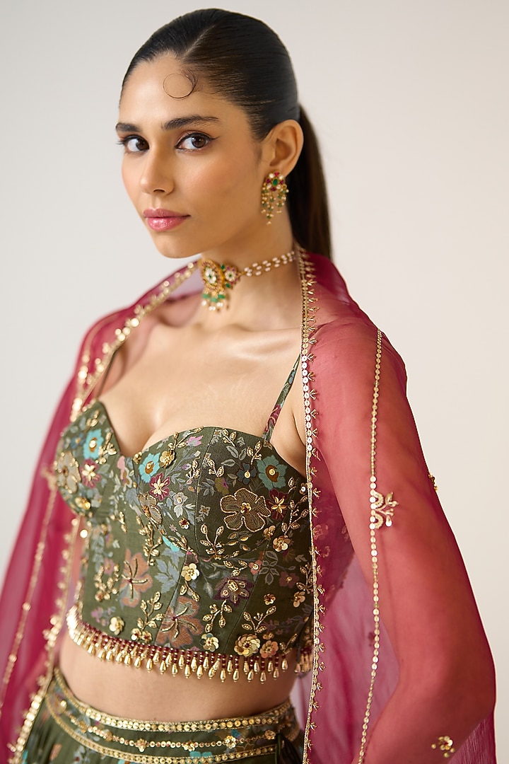 Olive Chanderi Printed Wedding Lehenga Set by Prevasu at Pernia's Pop Up Shop