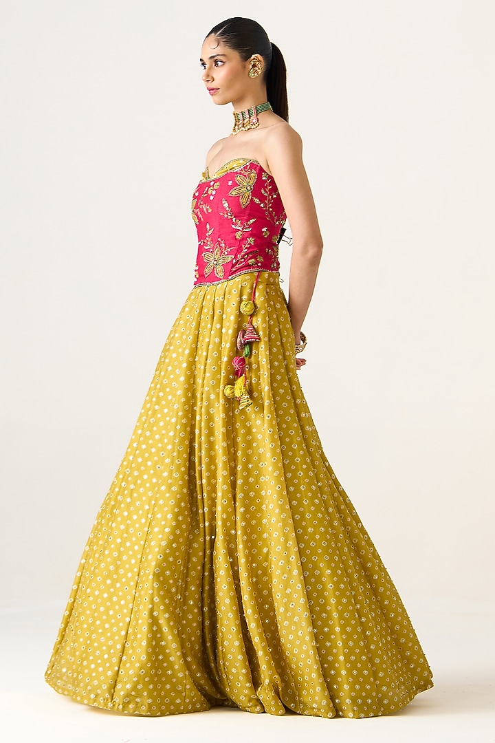 Yellow Chanderi Printed Wedding Lehenga Set by Prevasu at Pernia's Pop Up Shop