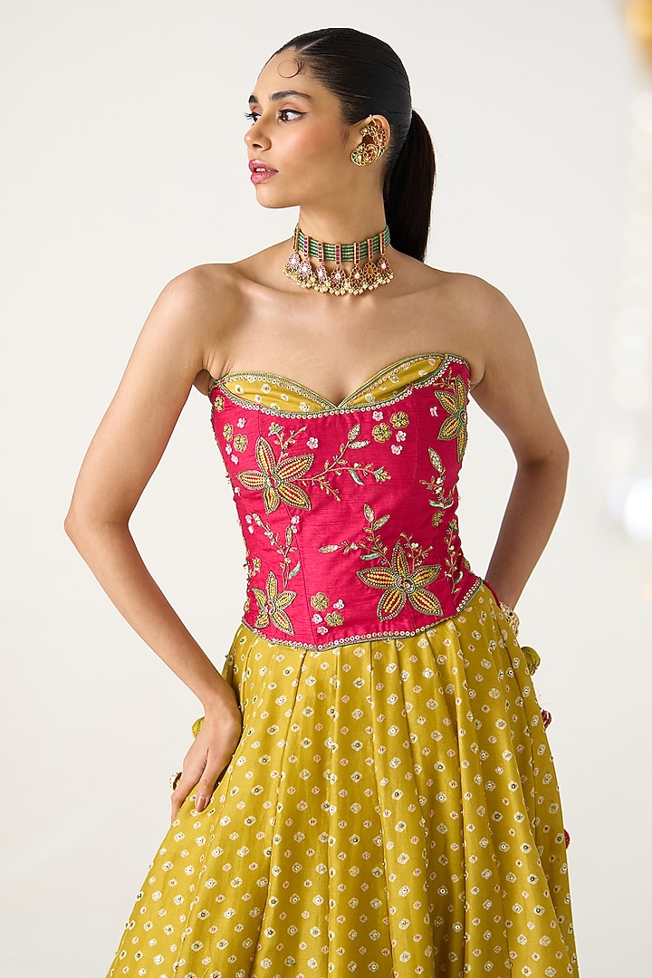 Yellow Chanderi Printed Wedding Lehenga Set by Prevasu at Pernia's Pop Up Shop