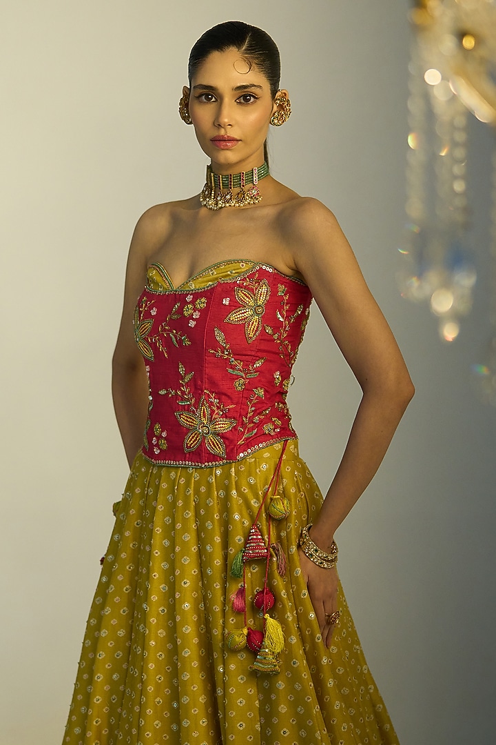 Yellow Chanderi Printed Wedding Lehenga Set by Prevasu at Pernia's Pop Up Shop
