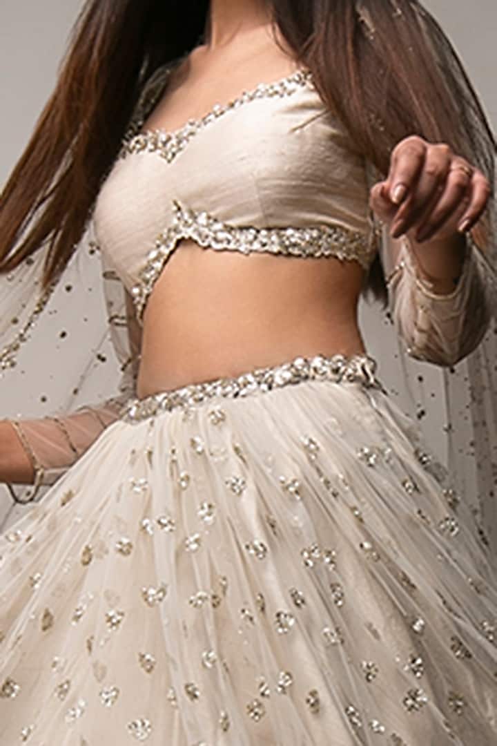 Ivory Raw Silk Zardosi & Sequins Embroidered Wedding Lehenga Set by Prevasu at Pernia's Pop Up Shop