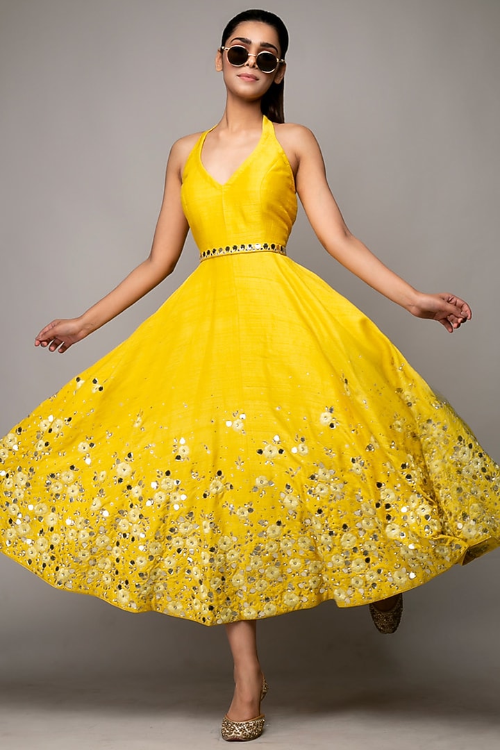 Yellow Embroidered Midi Party Wear Dress by Prevasu at Pernia's Pop Up Shop