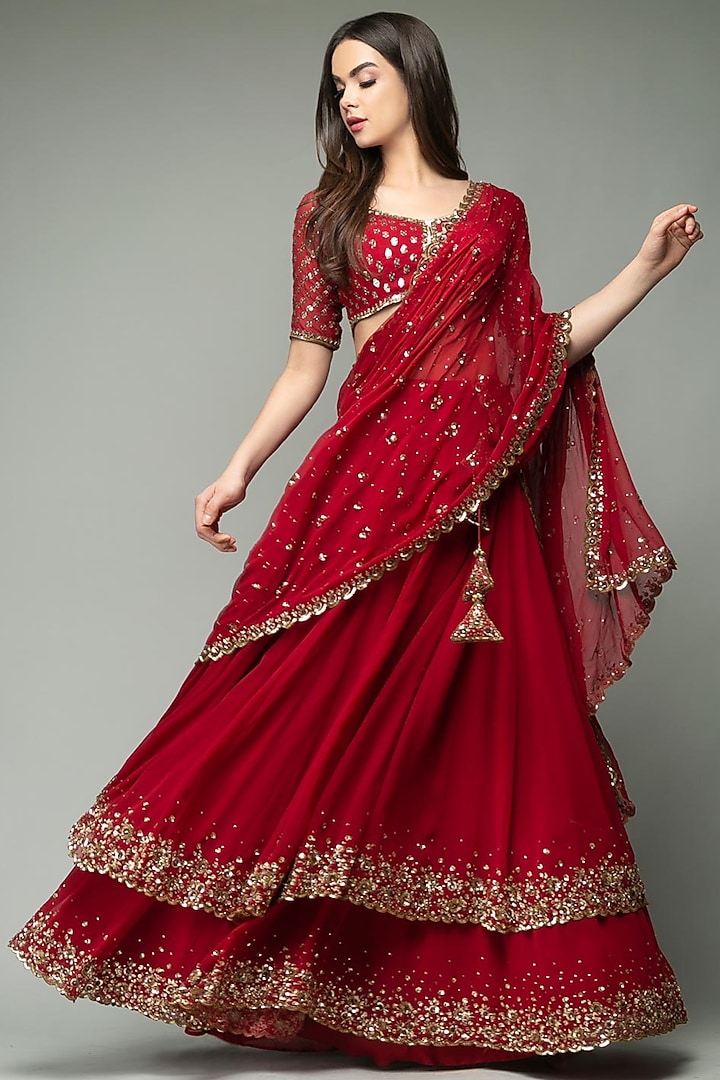 Hot Red Embroidered Lehenga Set by Prevasu