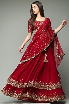 Hot Red Semi-Georgette Sequin & Zardosi Embroidered Lehenga Set by Prevasu-SEQUINS