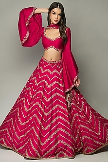 Rani Pink Raw Silk Zardosi & Sequins Embroidered Lehenga Set by Prevasu-VOLUMINOUS SLEEVES