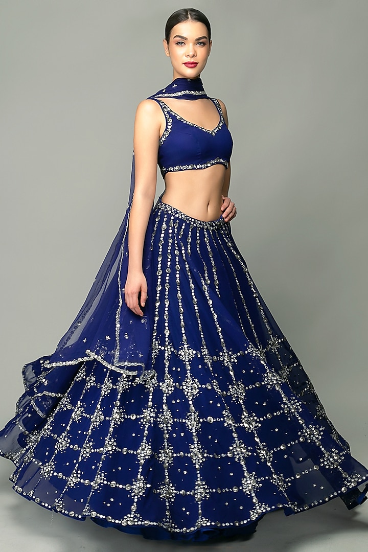 Royal Blue Semi-Georgette Sequins Embroidered Wedding Lehenga Set by Prevasu at Pernia's Pop Up Shop