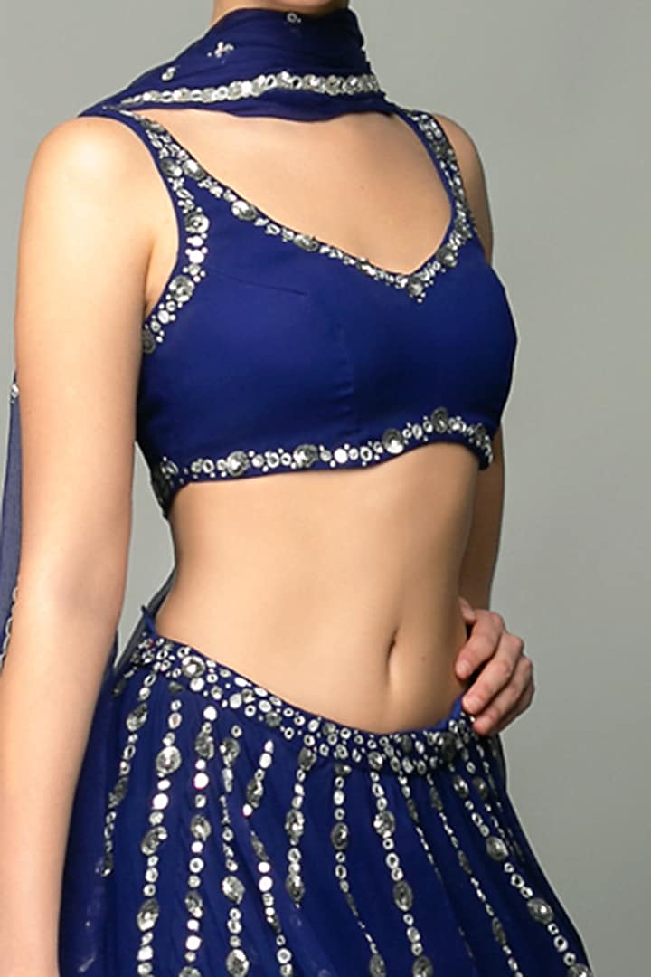 Royal Blue Semi-Georgette Sequins Embroidered Wedding Lehenga Set by Prevasu at Pernia's Pop Up Shop