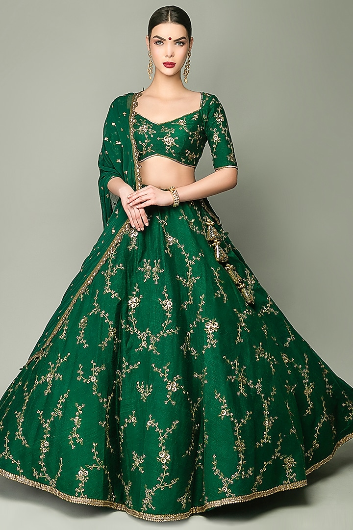 Bottle Green Aari Embroidered Skirt Set by Prevasu
