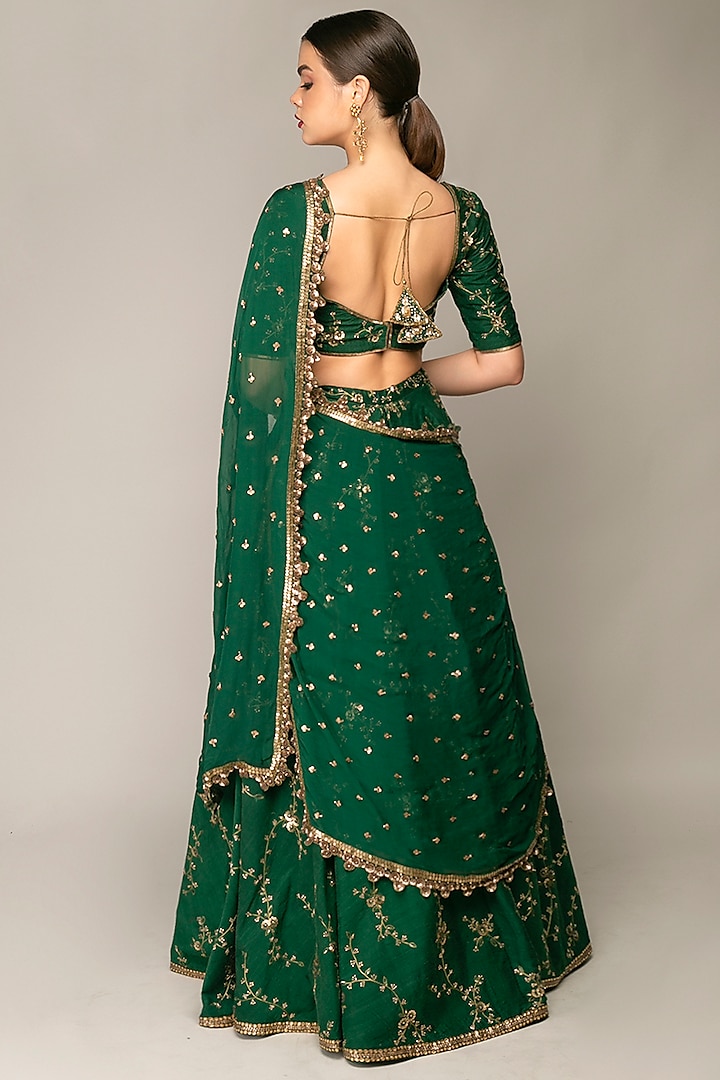 Bottle Green Raw Silk Zardosi Embroidered Wedding Lehenga Set by Prevasu at Pernia's Pop Up Shop