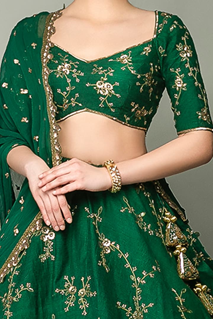 Bottle Green Raw Silk Zardosi Embroidered Wedding Lehenga Set by Prevasu at Pernia's Pop Up Shop