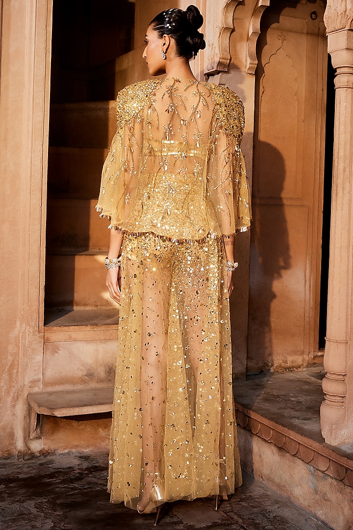 Gold Net Embellished Jacket Set by Prevasu at Pernia's Pop Up Shop