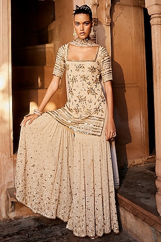Gold Georgette Gharara Set by Prevasu