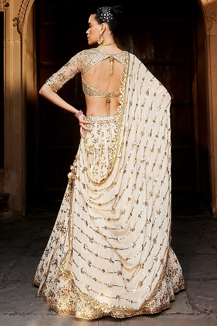 Gold Georgette Embroidered Bridal Lehenga Set by Prevasu at Pernia's Pop Up Shop