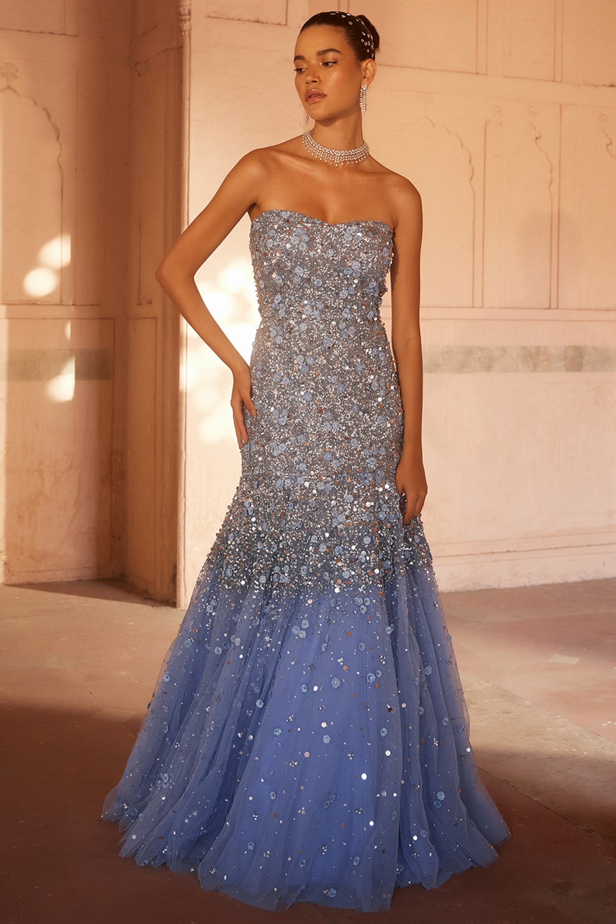 Blue Net Off Shoulder Gown at Rs 12000 in New Delhi | ID: 18902668973