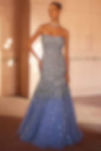 Blue Net Embellished Off-Shoulder Gown by Prevasu
