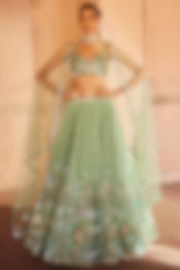 Soft Green Net & Silk Embroidered Bridal Lehenga Set by Prevasu at Pernia's Pop Up Shop